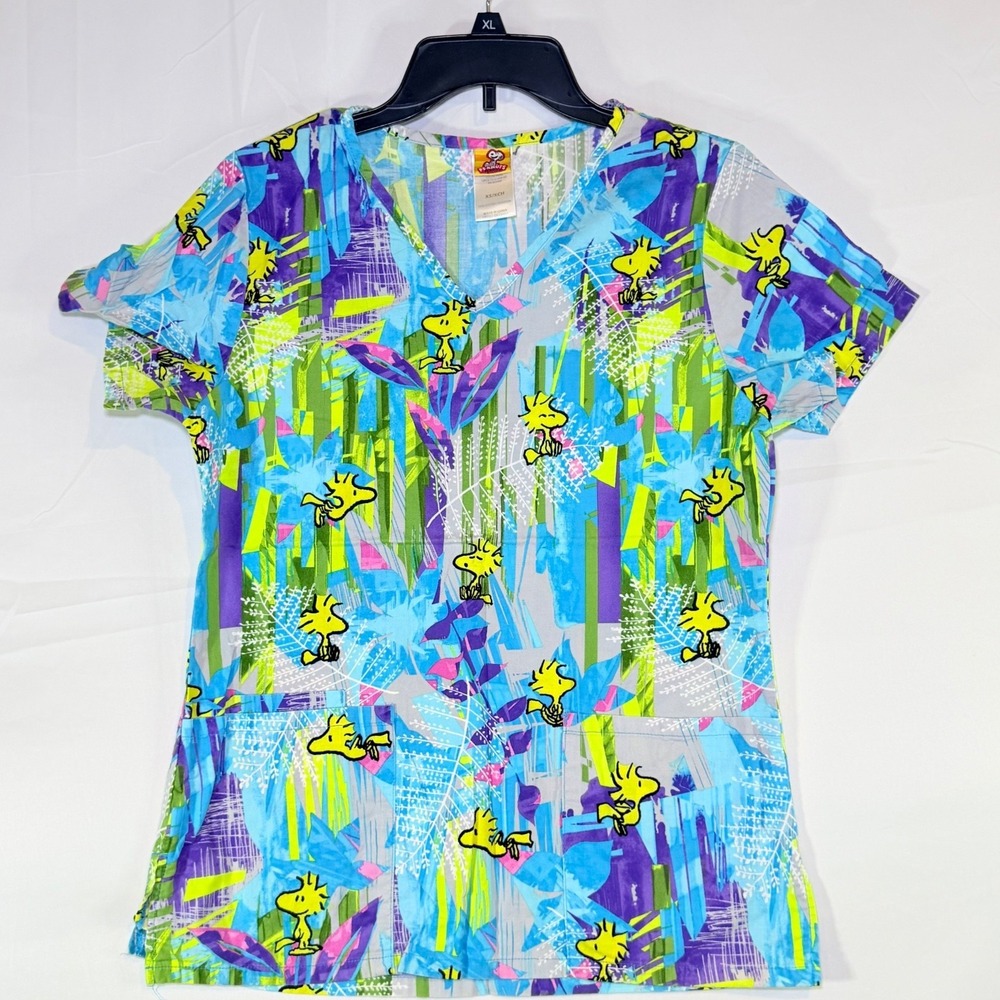PEANUTS Woodstock Cartoon Print Scrub Top Size XS V-Neck Pockets